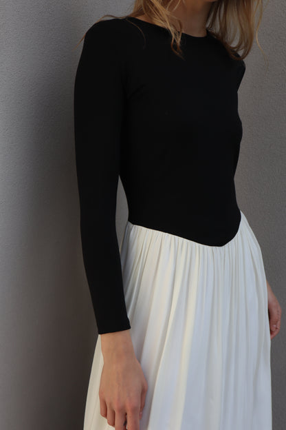 Black and White V-Waist Long Silk dress