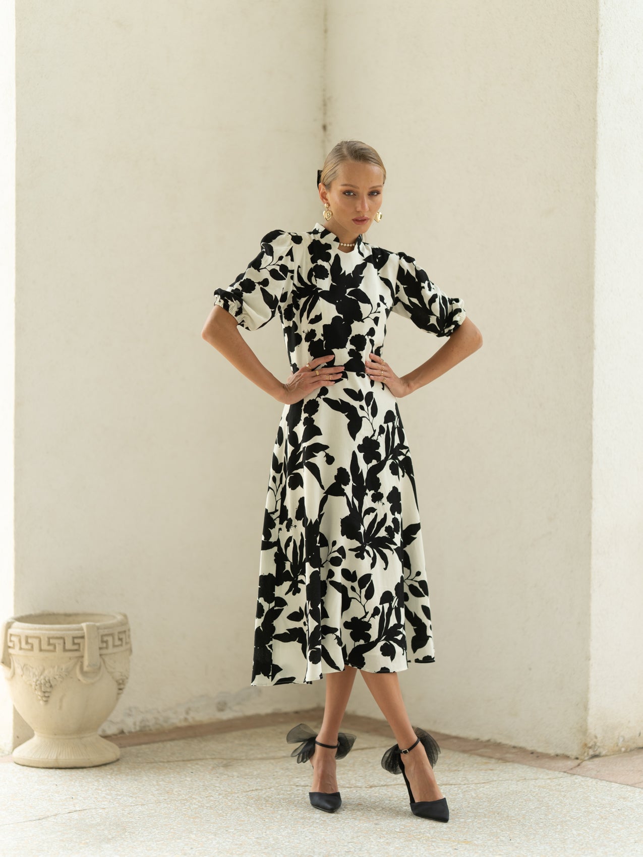 Black and white midi floral dress