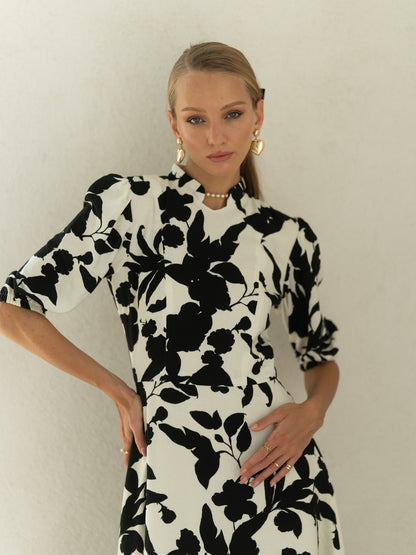 Black and white midi floral dress