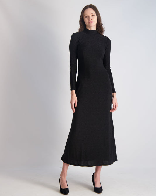 Black Metallic Knit Turtleneck Dress