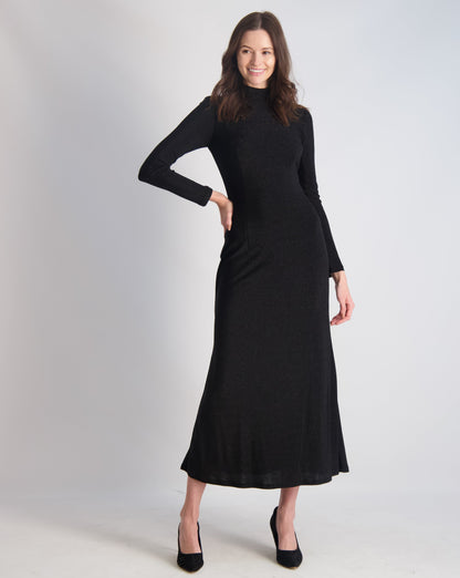 Black Metallic Knit Turtleneck Dress