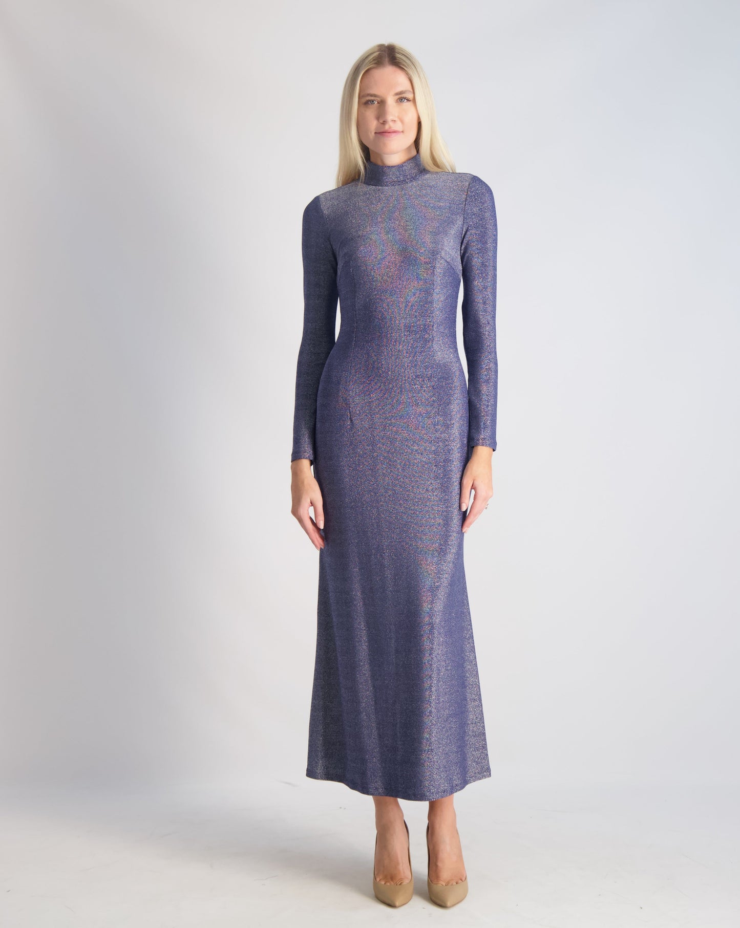 Blue Metallic Knit Turtleneck Dress