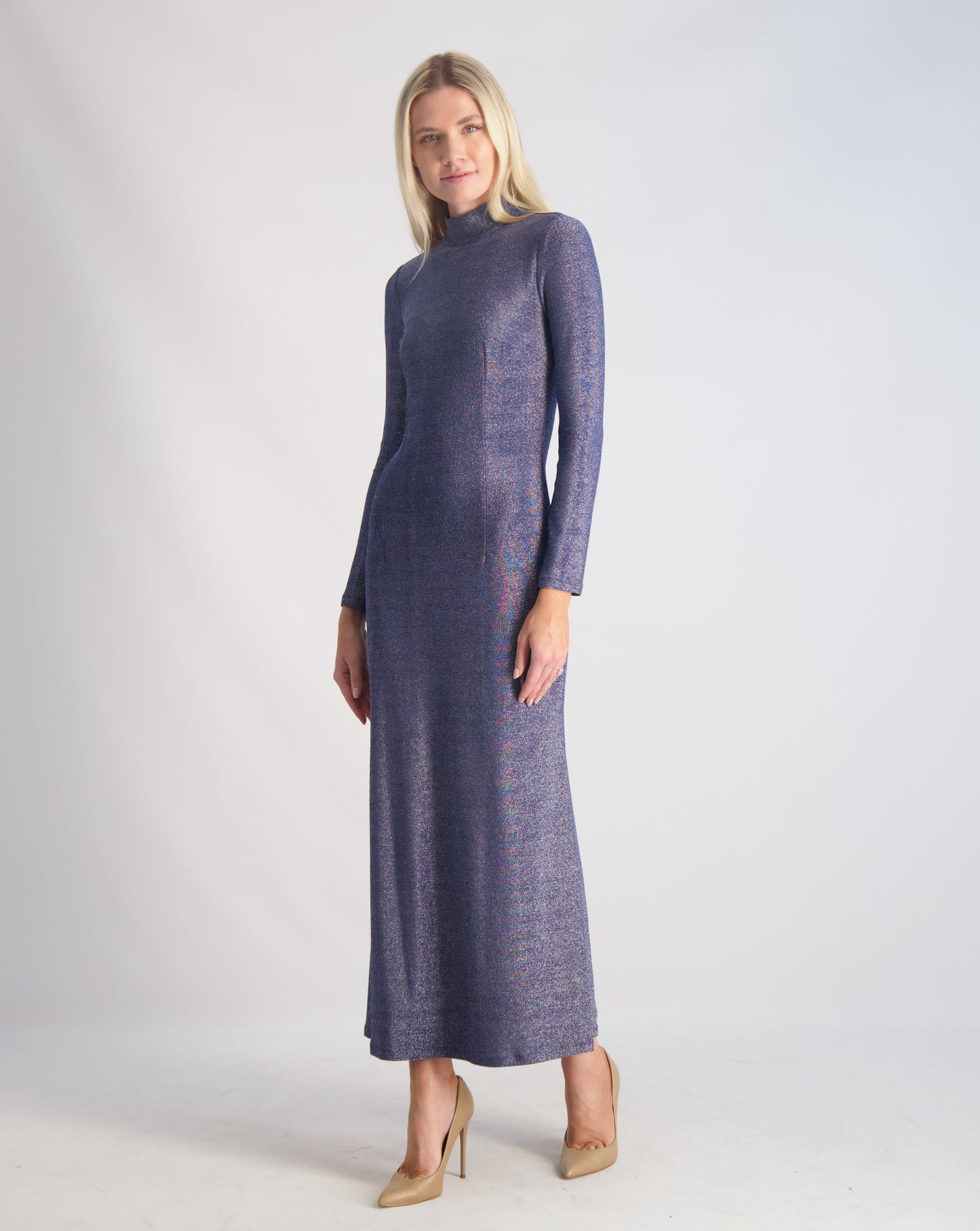 Blue Metallic Knit Turtleneck Dress