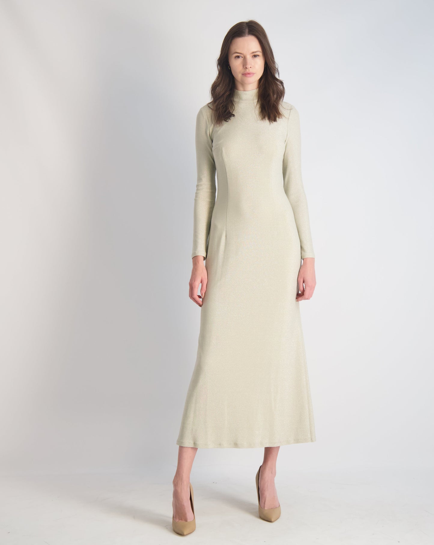 Ivory Metallic Knit Turtleneck Dress