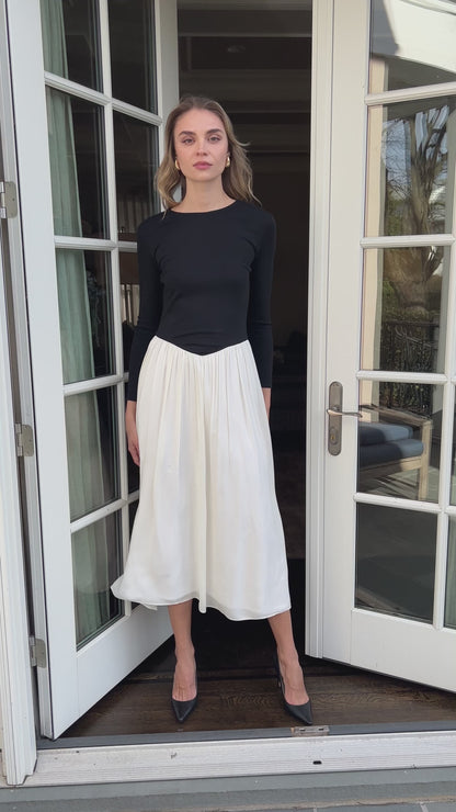 Black and White V-Waist Long Silk dress